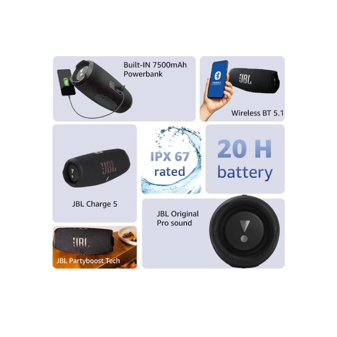 JBL Charge 5 Portable Bluetooth Speaker, 20H Playtime, Built-In Powerbank, IP67 Waterproof and Dustproof