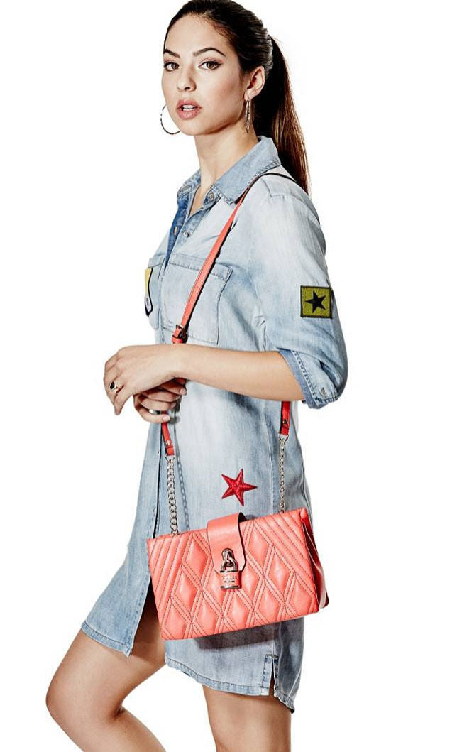 Guess Shea Purse Quilted  Crossbody Handbag,Coral Pink