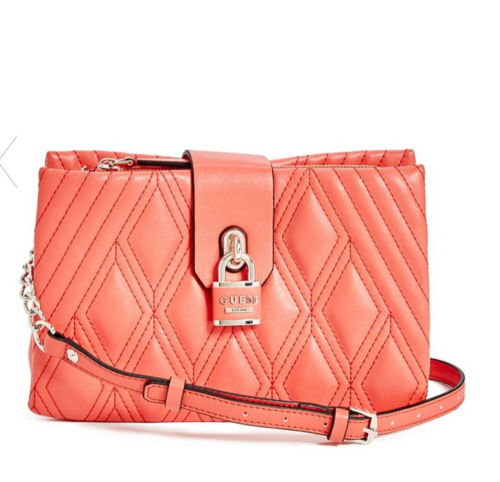 Guess Shea Purse Quilted  Crossbody Handbag,Coral Pink
